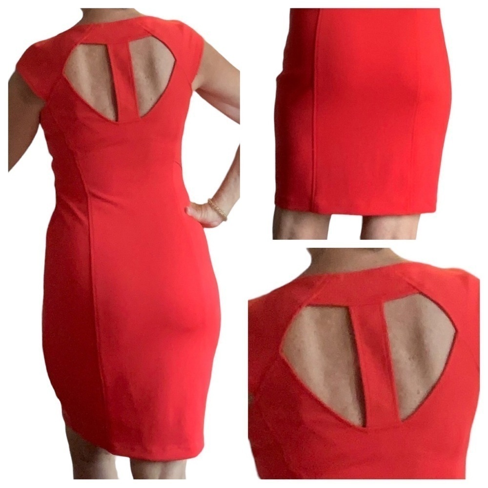 Sz 10 Tomato-Red Maggie London Stretch Summer Dress w Back Cutout - Picture 3 of 10
